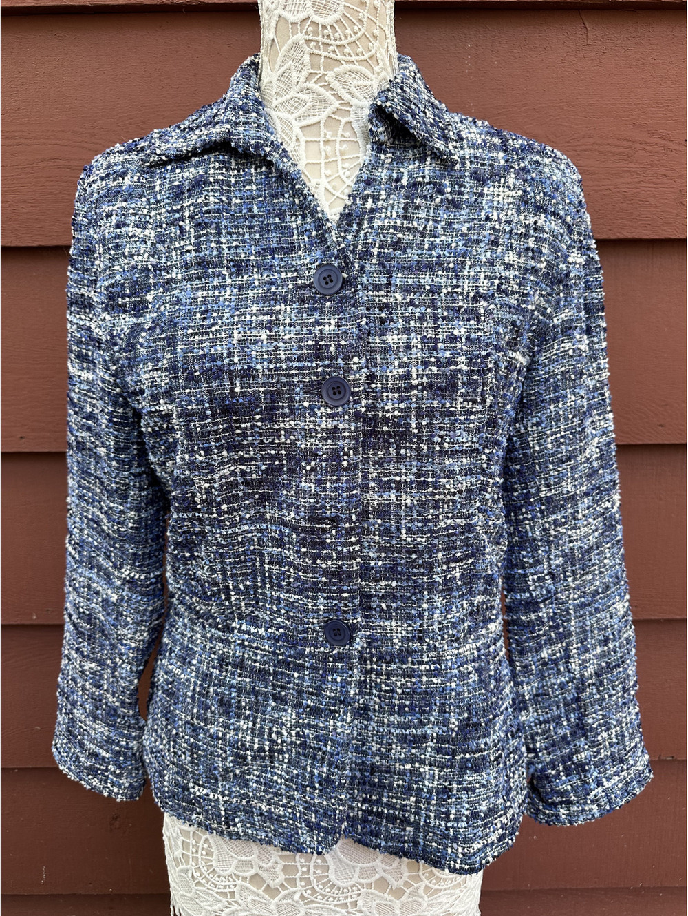Coldwater Creek Blue Tweed Boucle Blazer Vintage Inspired Preppy Minimalist